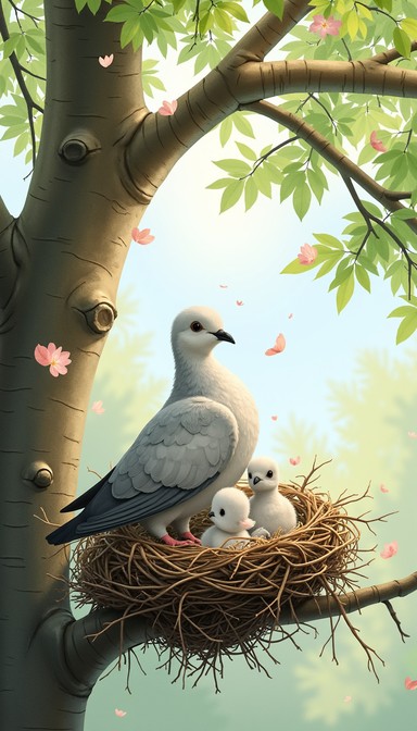 A gentle gray dove spreads her wings protectively over her babies in a ...