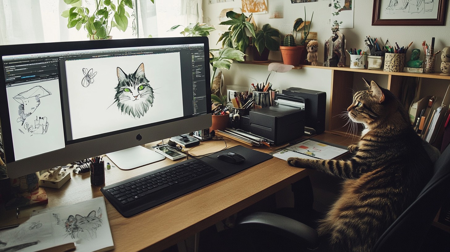 Free Cat at Computer Image - Cat, Computer, Desk | Download at StockCake
