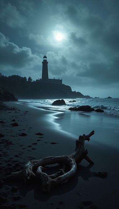 An ancient lighthouse stands guard over a moonlit shoreline where ...