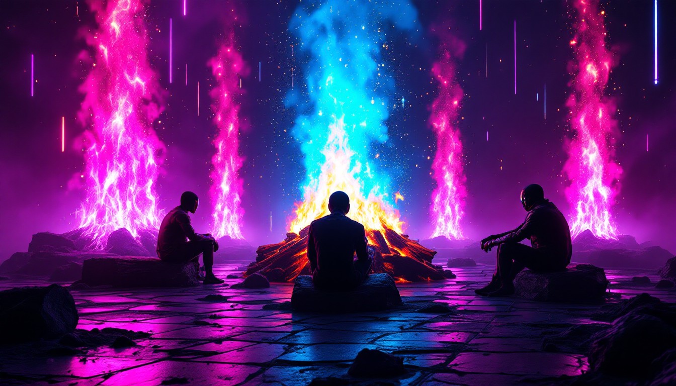 Free Digital Campfire Gathering Image - Cyberpunk, Holographic, Neon ...