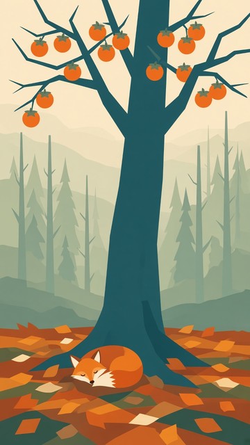 A flat vector illustration shows a tall persimmon tree standing in a ...