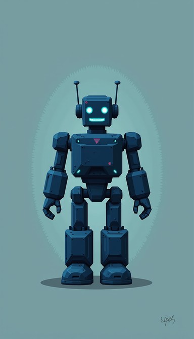 A minimalist blue toy robot with electric cyan accents stands centered ...