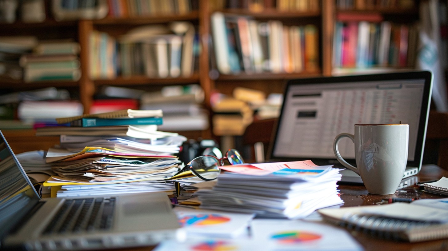 Free Busy Work Desk Image - Desk, Laptop, Coffee | Download at StockCake