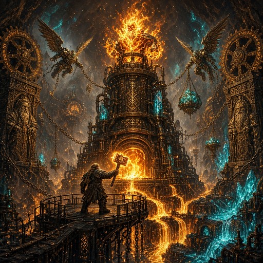 This epic fantasy digital illustration shows a huge dwarven forge built ...