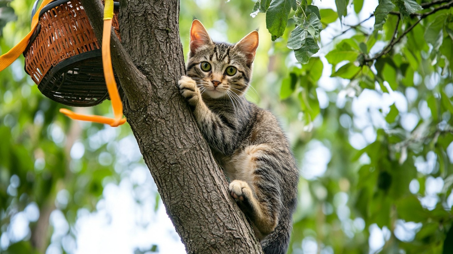 Free Cat climbs tree Image - Cat, Tree, Birdcage | Download at StockCake