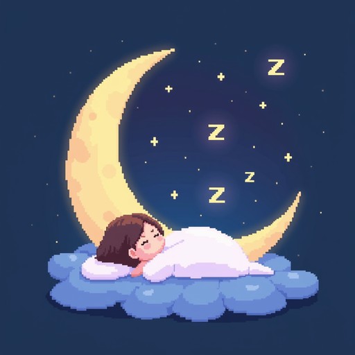 A peaceful pixel character dozes on fluffy clouds beneath a glowing ...