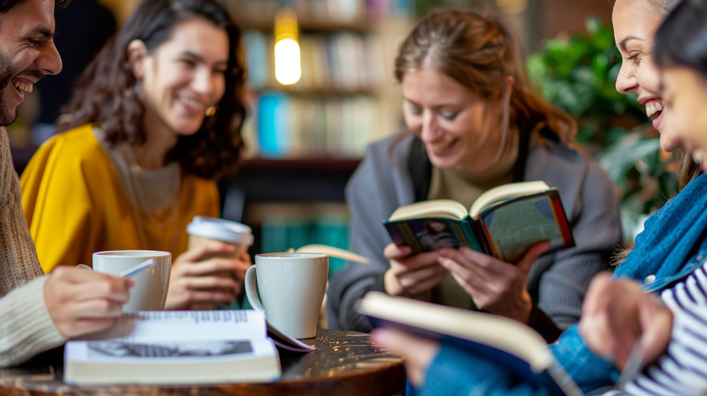 Download Joyful Reading Session Image - Friends, Coffee, Books | StockCake