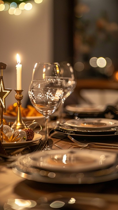 Table Setup Decoration A beautifully arranged dinner table setting with lit candle, wine glass ...