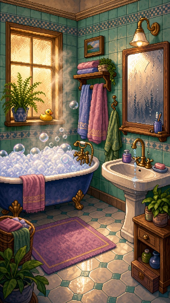 Pixel art illustration of a cozy retro bathroom with a blue clawfoot ...