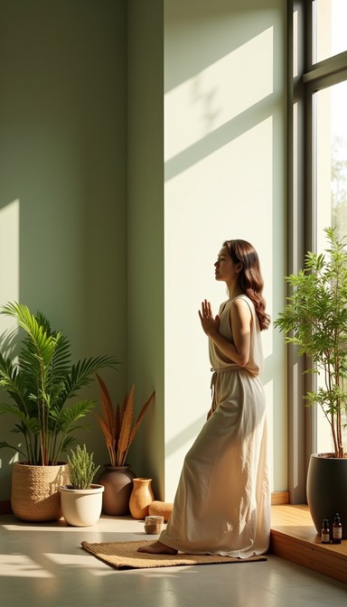 Golden sunlight bathes a minimalist green space where peaceful ...