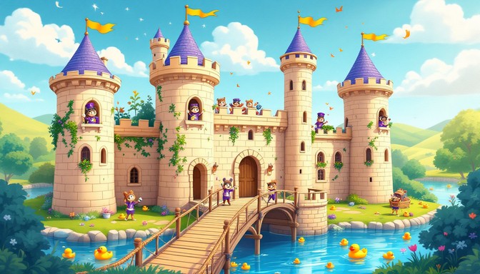 A whimsical beige stone castle rises against a blue sky, its rounded ...