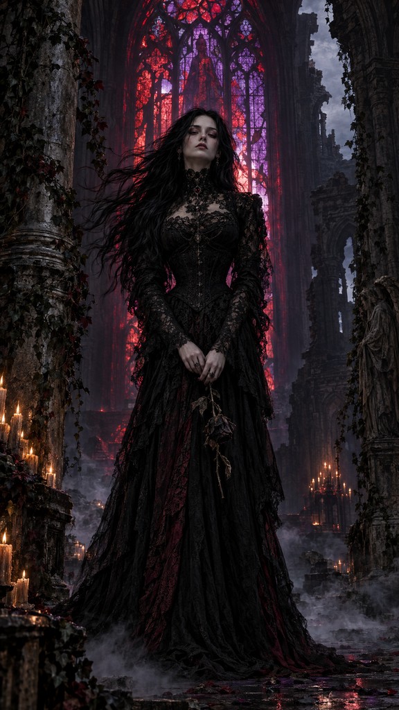 Gothic dark art illustration of a pale woman in a black lace gown ...