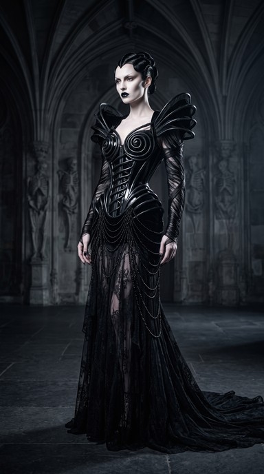 Goth Night Robe A pale woman stands in a dramatic black sculptural gown with winged ...