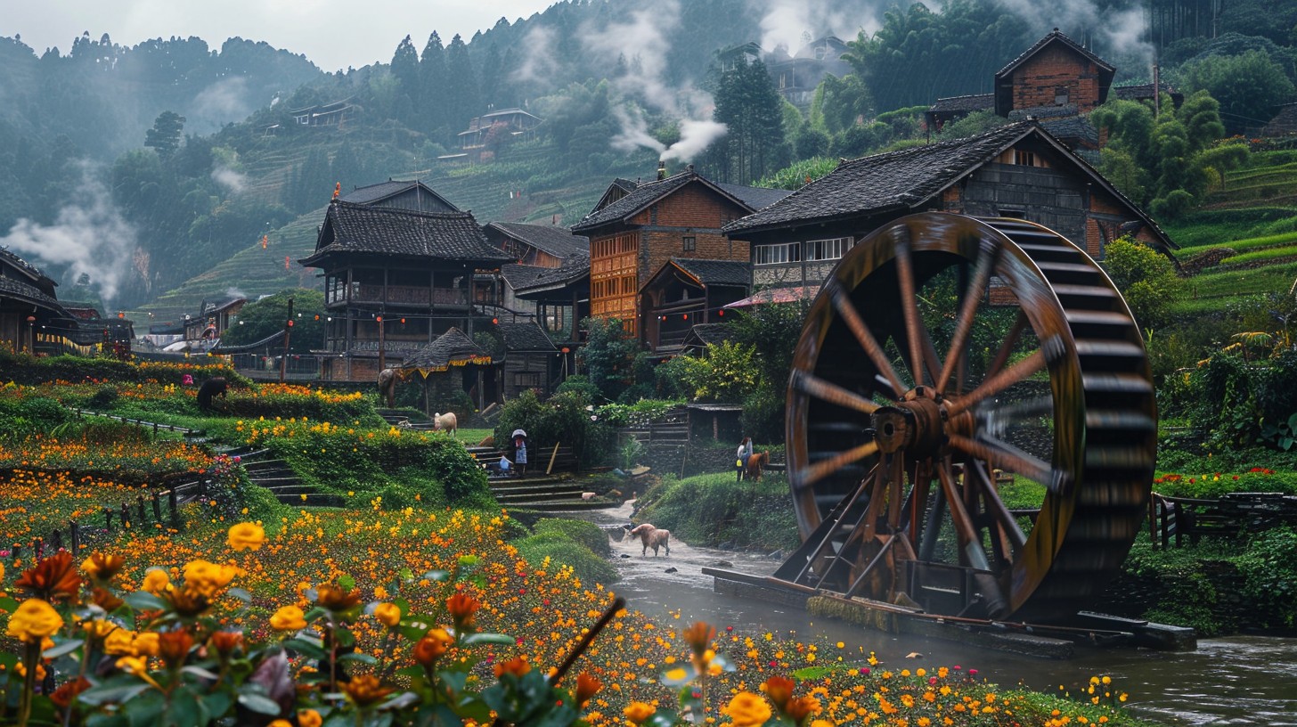 Free Rustic Waterwheel Scene Image - Village, Waterwheel, Flowers ...