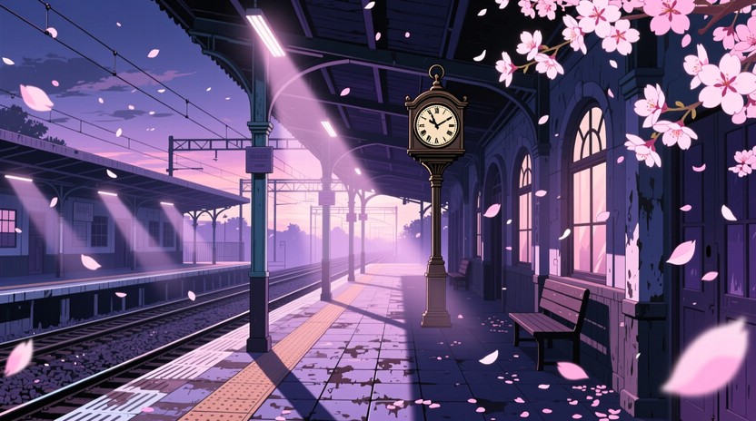 Train Platform Pattern An eerily beautiful train station sits empty at twilight, bathed in ...