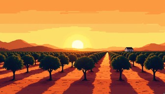 Warm golden sunlight bathes a minimalist pixel art citrus grove with ...