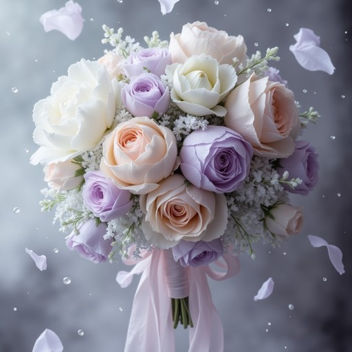 Delicate roses in white, blush, and lavender create a romantic wedding ...