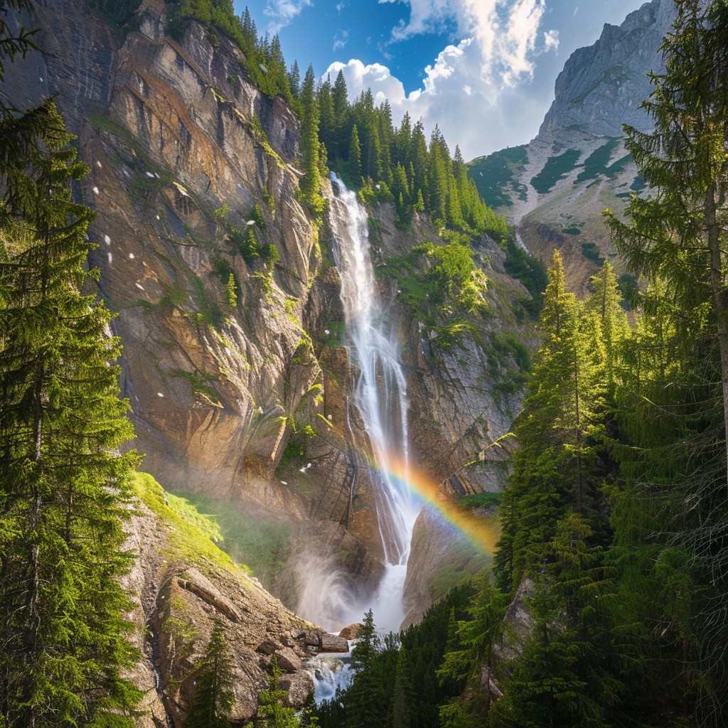 Free Majestic Mountain Waterfall Image - Waterfall, Mountain, Rainbow ...