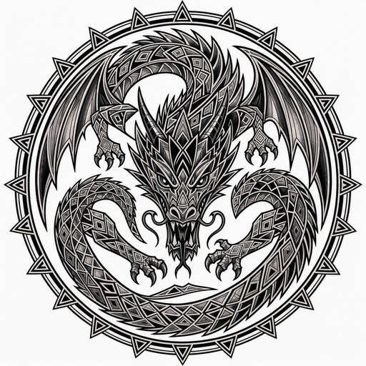 Timeless Icon Without Background Black and grey geometric dragon tattoo illustration with spread wings ...