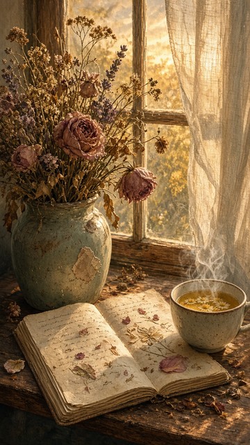 Windsill Window This lofi illustration shows a quiet windowsill bathed in late ...