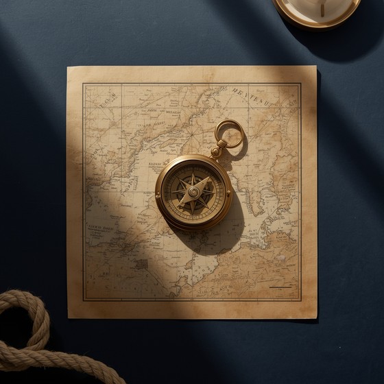 Antique brass compass rests on weathered nautical chart with deep navy ...