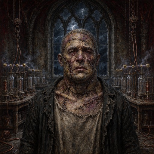 Square Gothic Window A scarred, stitched-together man stands in a crumbling Victorian ...