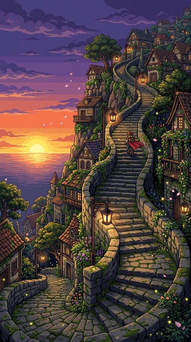 Free Cliffside Pixel Stairway Image - Staircase, Pixel, Sunset ...