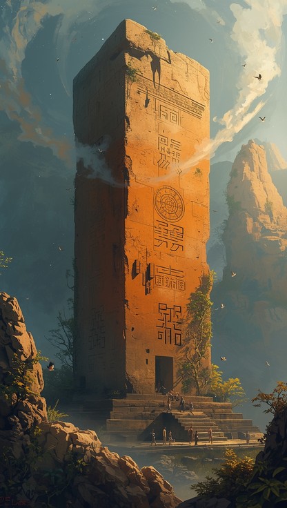 Monoltic Frame Bathed in golden light, a towering monolithic structure rises from ...