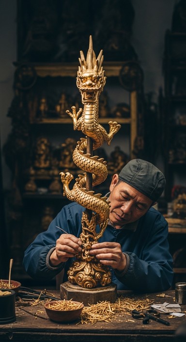 Jade Chisel A skilled artisan meticulously works on an ornate golden dragon ...