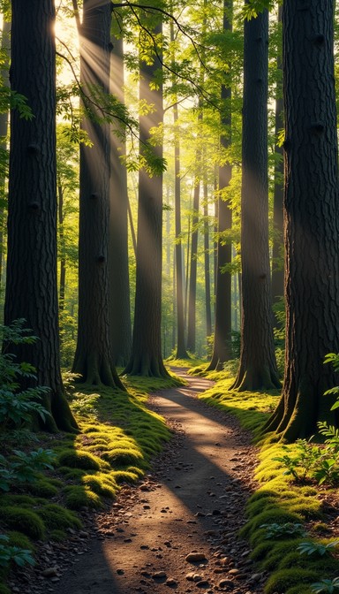 Free Sunlit Forest Path Image - Forest, Sunlight, Illustration ...