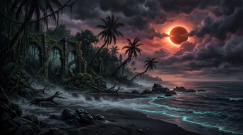 Medium Goth Dark gothic illustration of a tropical island at dusk, with twisted ...