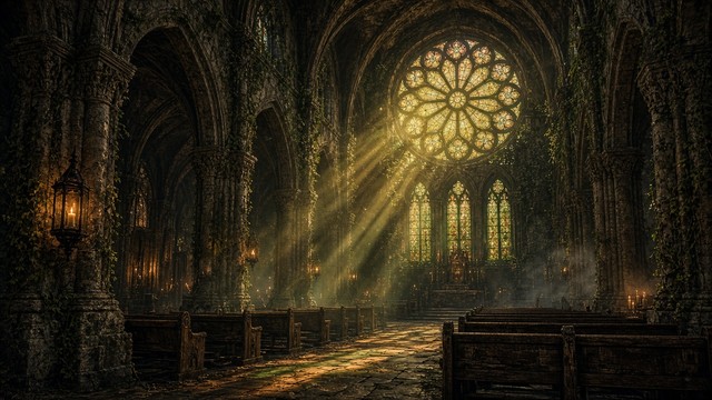 This digital illustration shows the inside of an old gothic cathedral ...