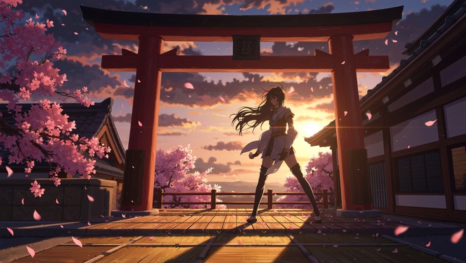 Long Path Sunset A silhouetted figure walks through a traditional torii gate as cherry ...