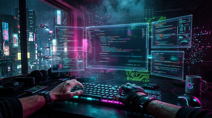 Free Cyberpunk Programming Workspace Image - Cyberpunk, Coding, Neon ...