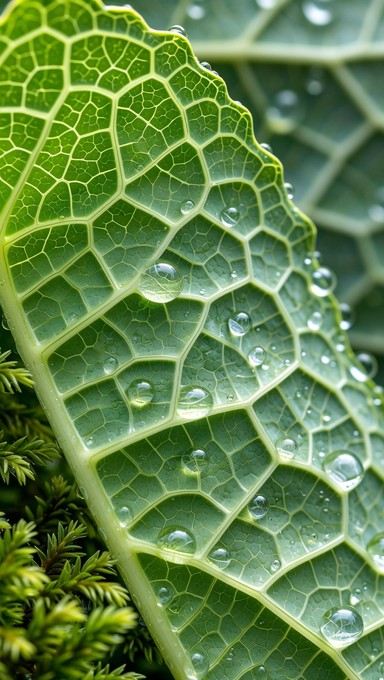 Emerald green leaf reveals intricate vein patterns and sparkling dew ...