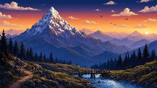 A tall snow-capped mountain glows orange and pink at sunset above a ...
