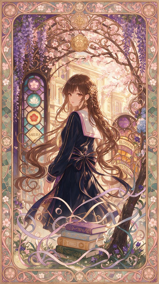 Fast Curve Graphics A graceful anime schoolgirl stands beneath an elaborate archway of ...