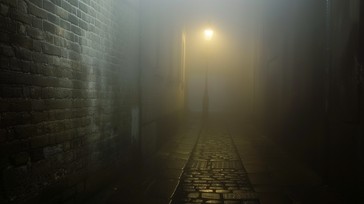 A foggy cobblestone alley lit by a lone streetlamp, evoking the secretive streets of Braavos