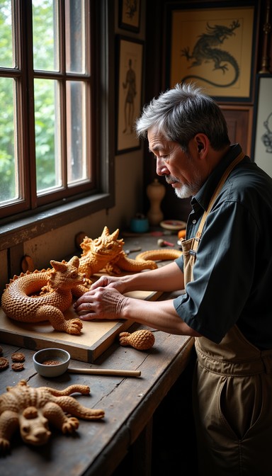 Jade Chisel Skilled artisan meticulously shapes a golden dragon sculpture by the ...