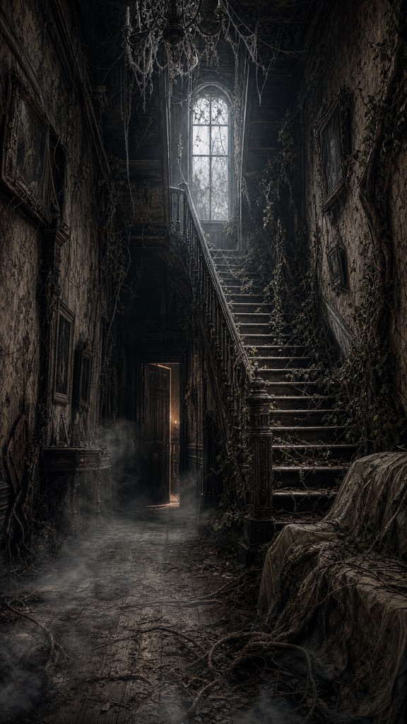 This dark digital illustration shows the inside of an abandoned ...