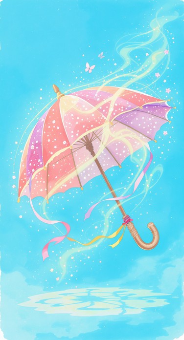 A whimsical pink and purple parasol dances through a bright blue sky ...