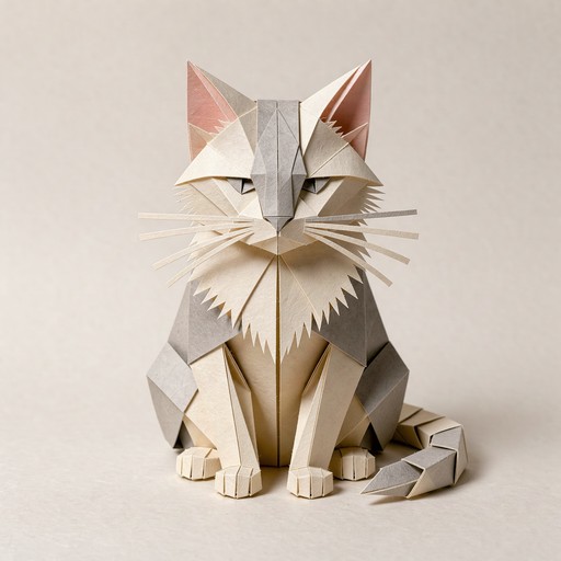 Foled Paper A cream and gray origami cat sits upright with blush-pink inner ears ...