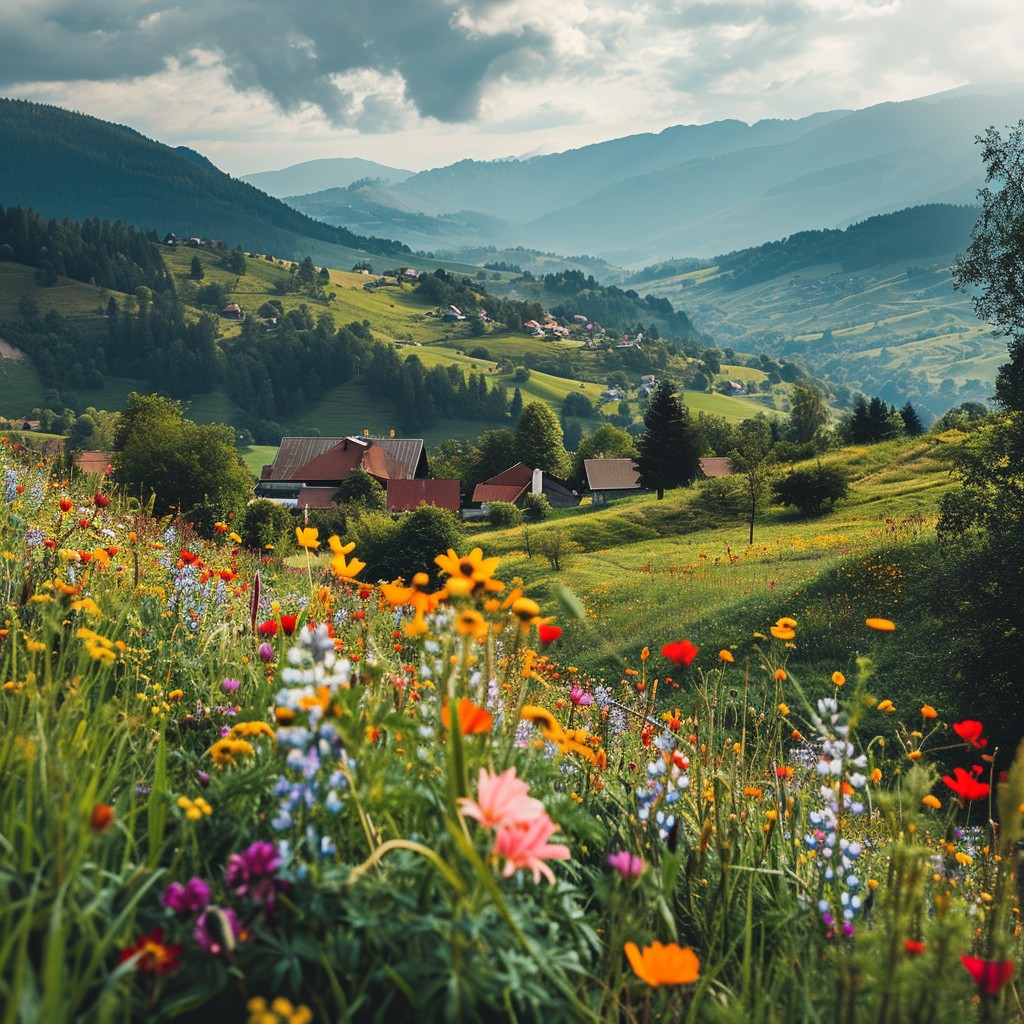 Free Idyllic Mountainous Landscape Image - Mountains, Flowers, Village ...