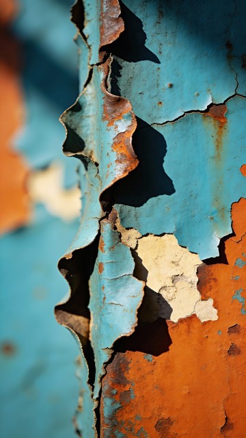 Decarying Patterns Weathered turquoise and rust orange paint peels away revealing cream ...