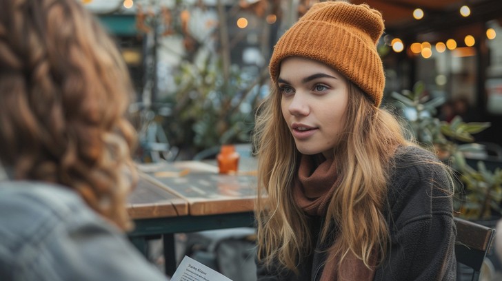 Free Outdoor casual conversation Image - Woman, Beanie, Conversation ...