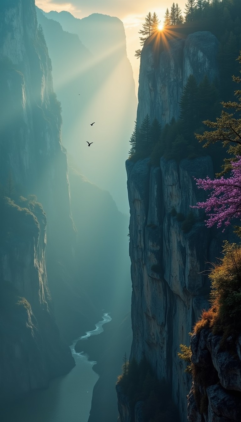 Mountain Chasm With Rushing Rive Free Misty Mountain Chasm Image - Cliffs, Gorge, Sunburst | Download at ...