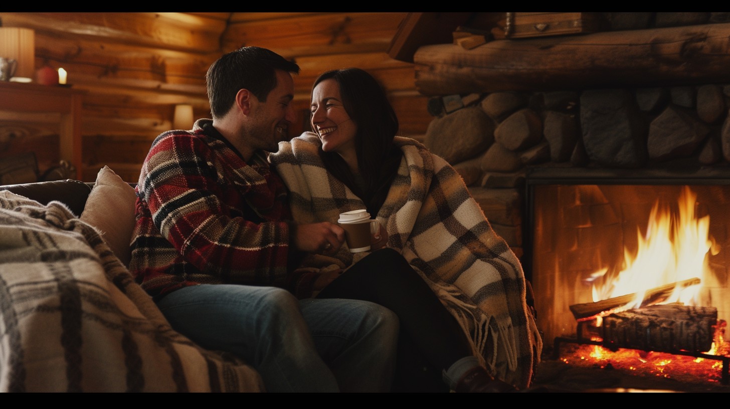 Lovers under blanket by crackling fire, sharing warmth and whispered intimacy amid autumn storm, post-climax glow