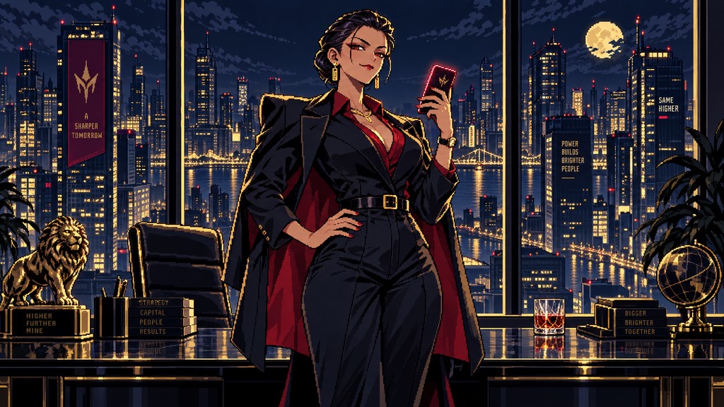 This retro pixel art illustration shows a confident woman boss standing ...