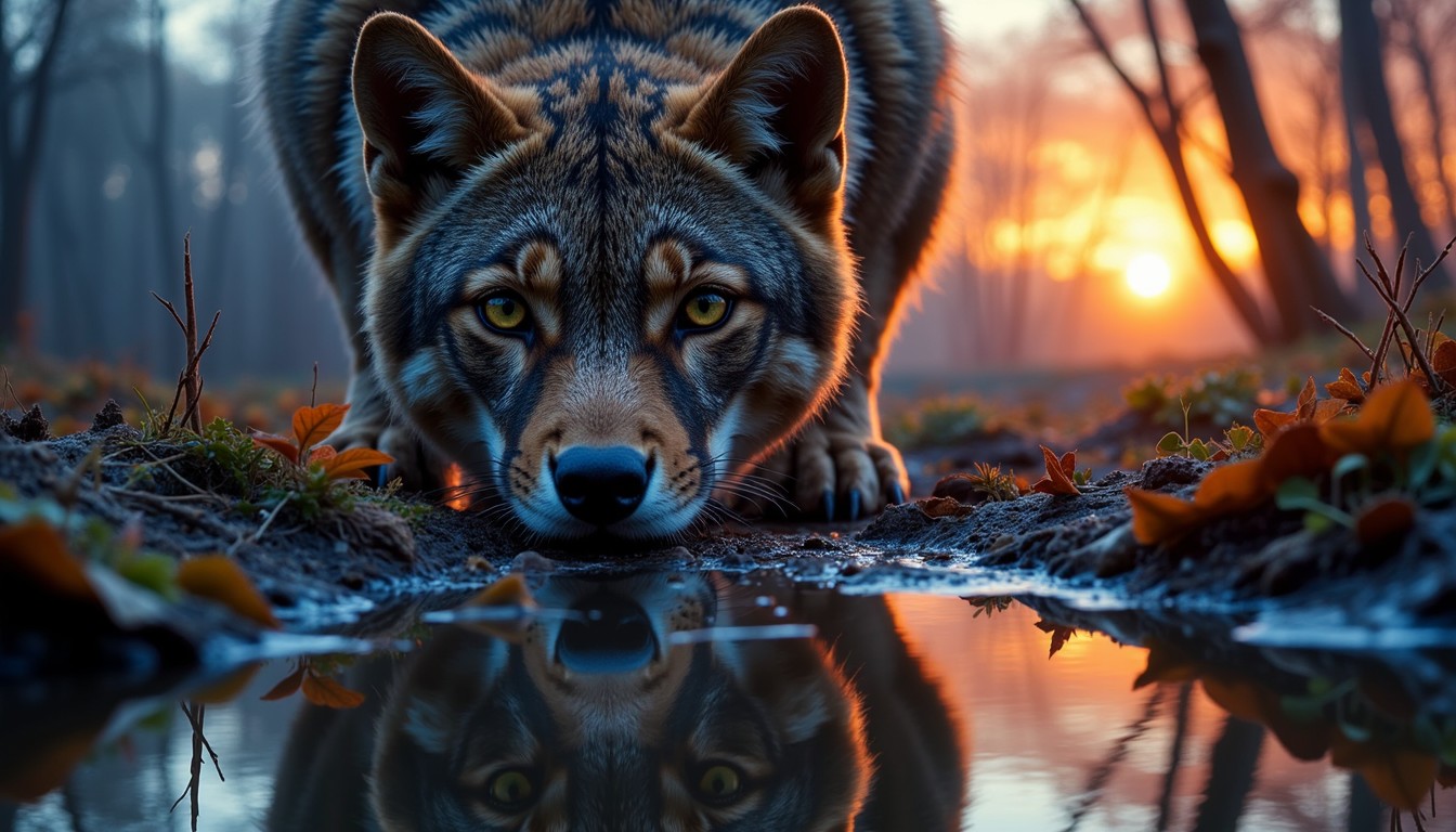 Free Wilderness Wolf Reflection Image - Wolf, Reflection, Sunset ...