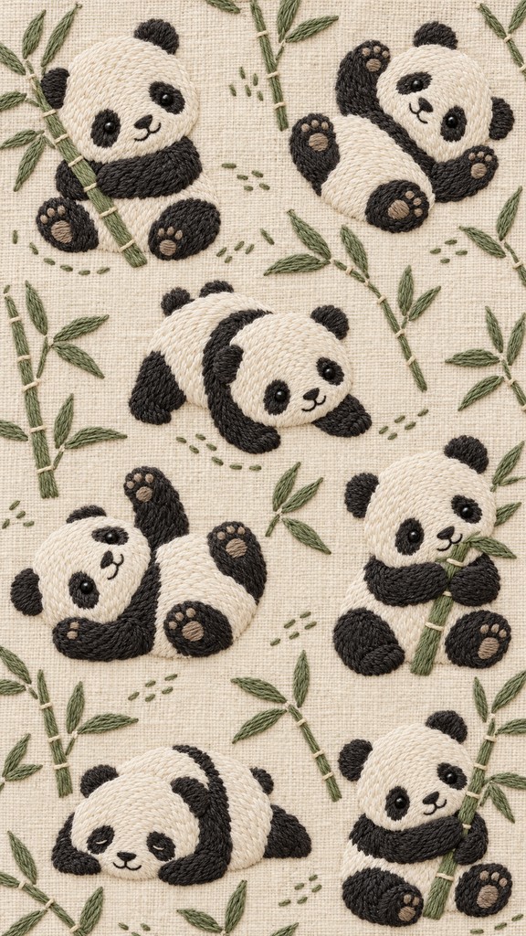 Cute cartoon baby pandas in black and cream thread play and hug green ...